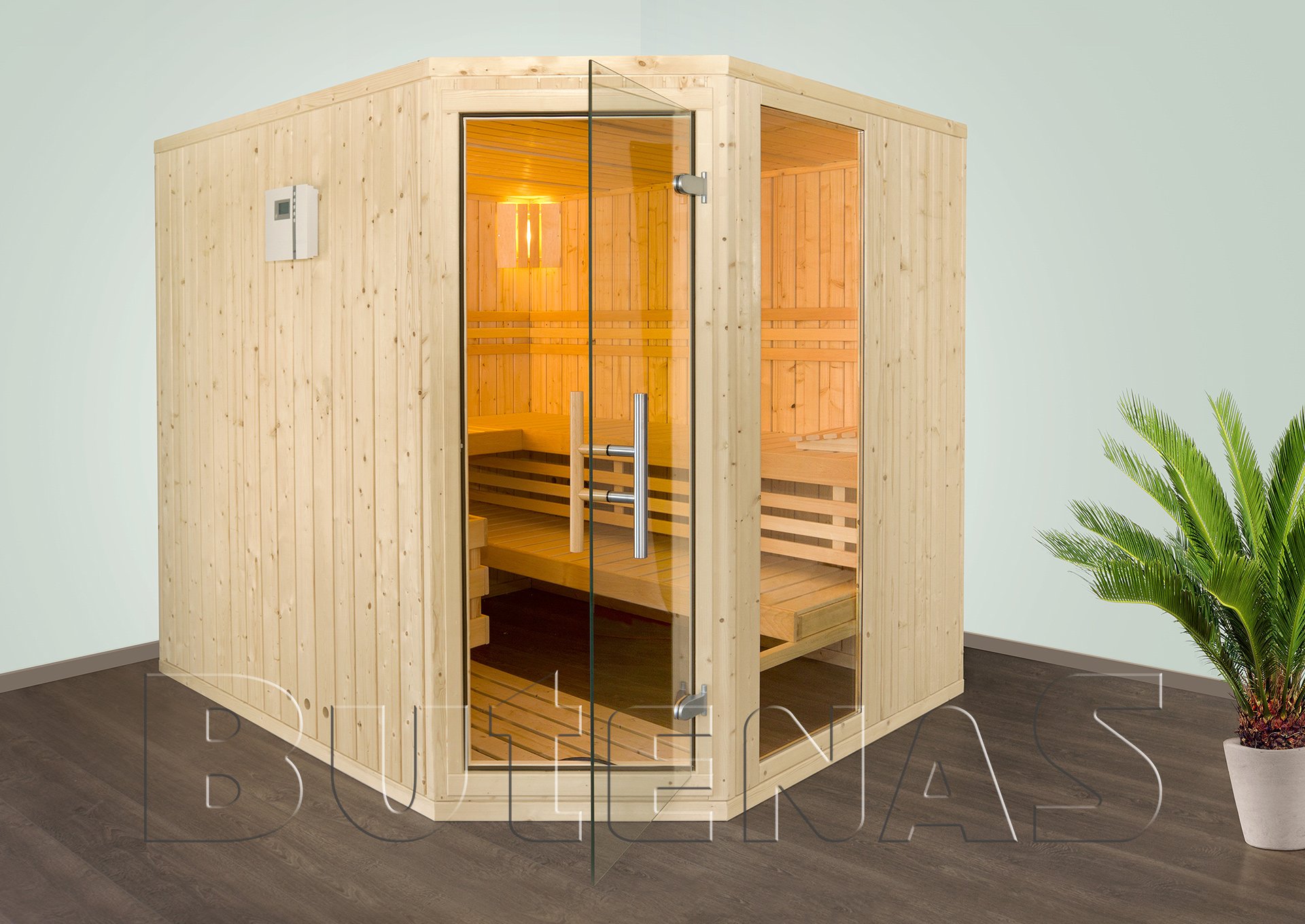 Sauna HELSINKI 5 Eck Montage ohne Montage Ofen 8 kW Größe (b/t