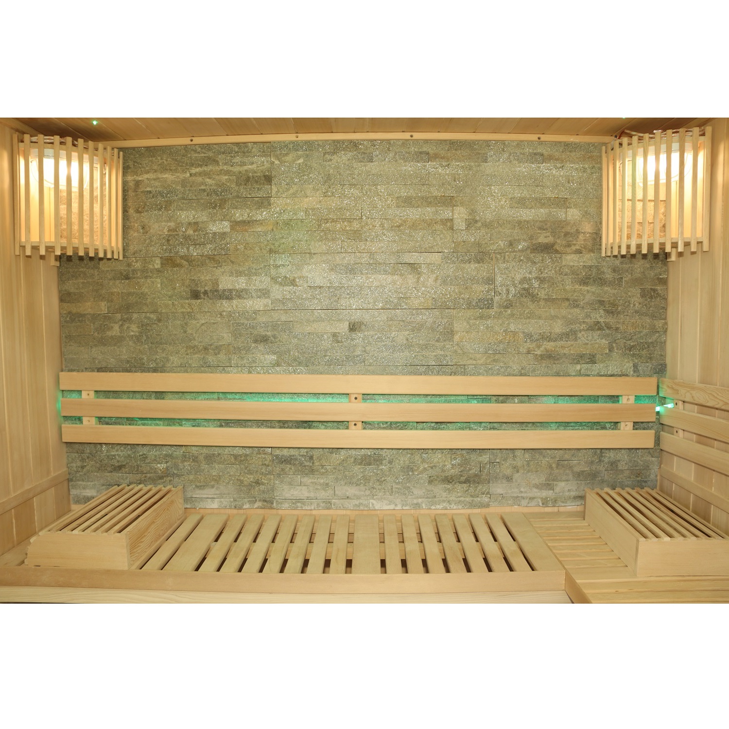 Finnische Sauna Sarnia Plus 180 x 140, aus Hemlockholz, inklusive Ofen, mit Natursteinwand