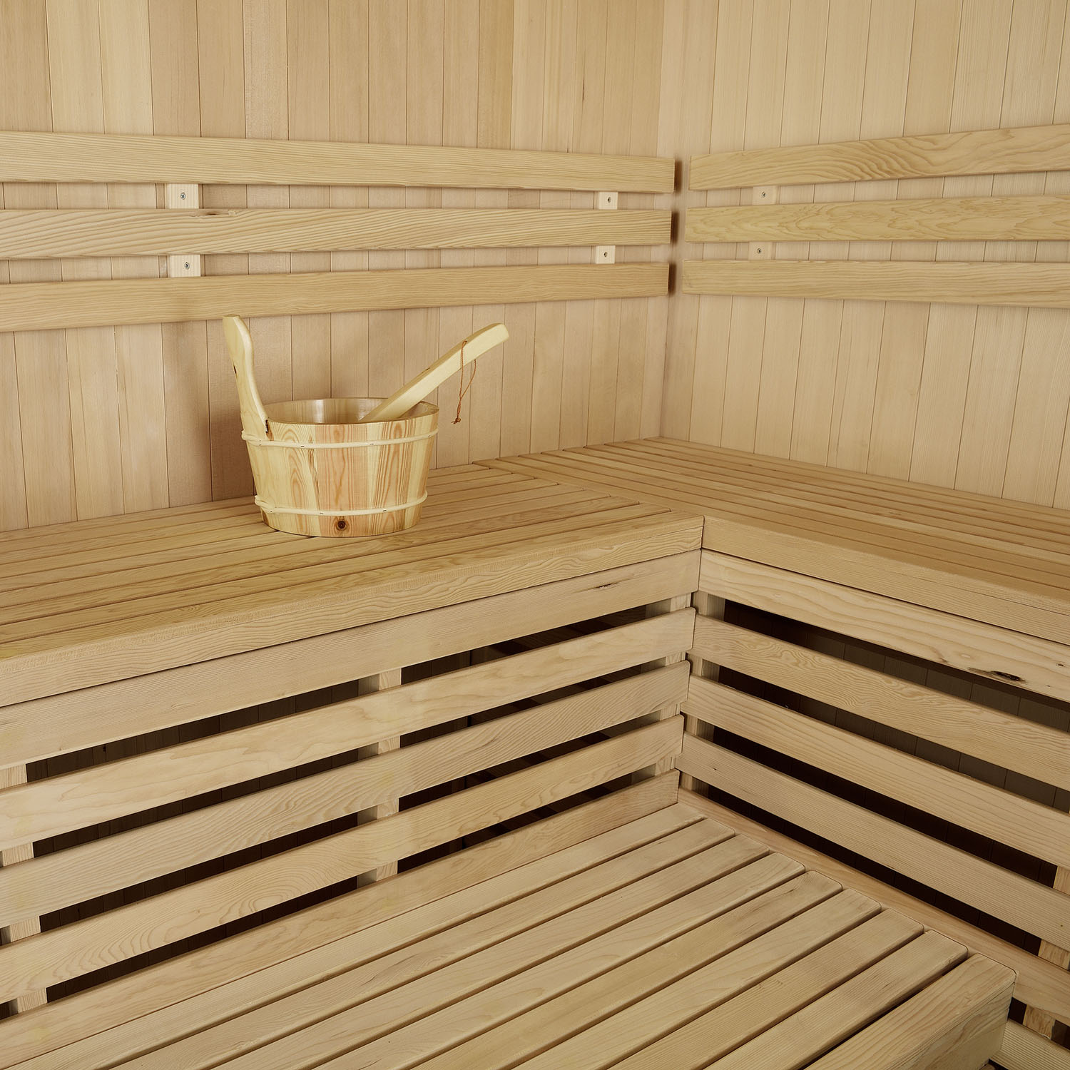 Finnische Sauna Espoo 200 x 200 Premium, mit Glasfront, inklusive Sauna-Ofen und Zubehör Finnische Sauna Espoo 200 x 200 Premium, mit Glasfront, inklusive Sauna-Ofen und Zubehör
