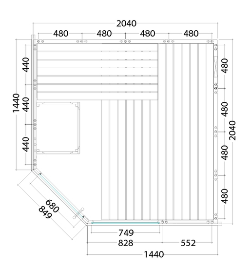 alaska-corner-206x206x204-cm_grundriss Finnische Sauna Alaska Corner 206 aus Fichte ohne Ofen / 206 x 206 x 204