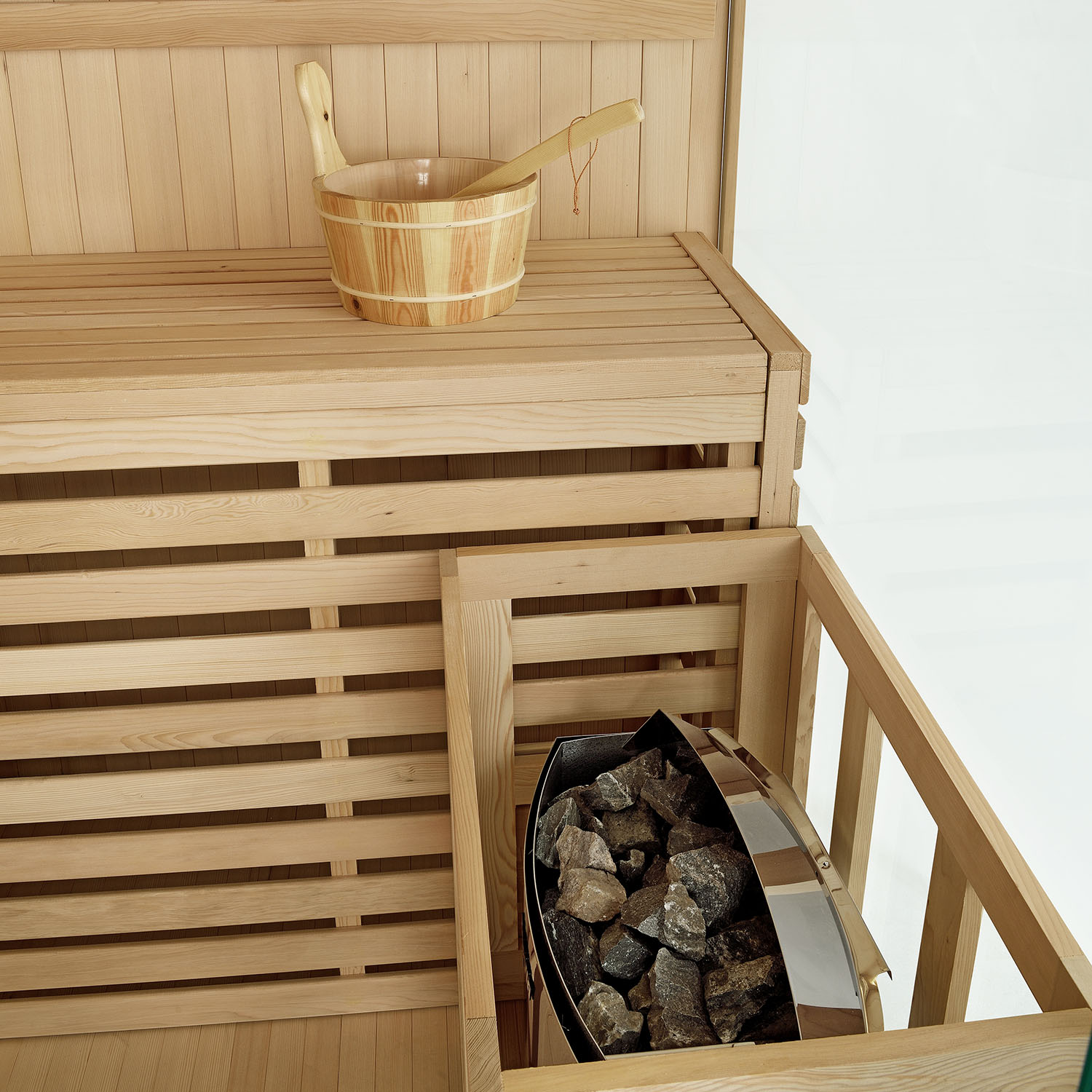 Finnische Sauna Espoo 200 x 200 Premium, mit Glasfront, inklusive Sauna-Ofen und Zubehör Finnische Sauna Espoo 200 x 200 Premium, mit Glasfront, inklusive Sauna-Ofen und Zubehör