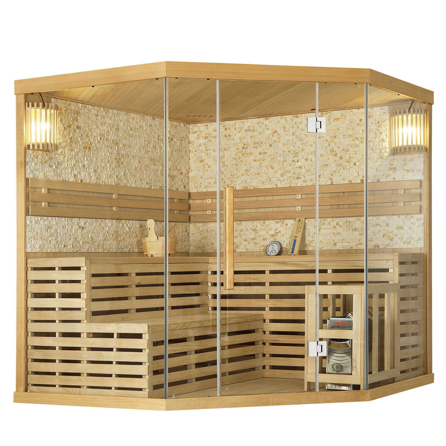 Finnische Sauna Espoo 200 Premium Naturstein, mit Glasfront und 8 kW Saunaofen Finnische Sauna Espoo 200 Premium Naturstein, mit Glasfront und 8 kW Saunaofen