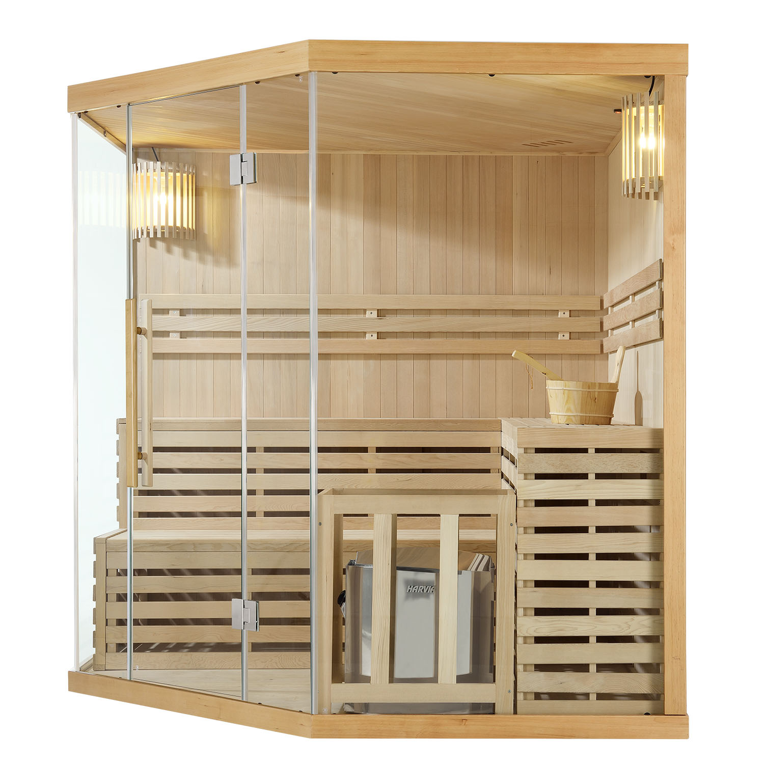 Finnische Sauna Espoo 200 x 200 Premium, mit Glasfront, inklusive Sauna-Ofen und Zubehör Finnische Sauna Espoo 200 x 200 Premium, mit Glasfront, inklusive Sauna-Ofen und Zubehör