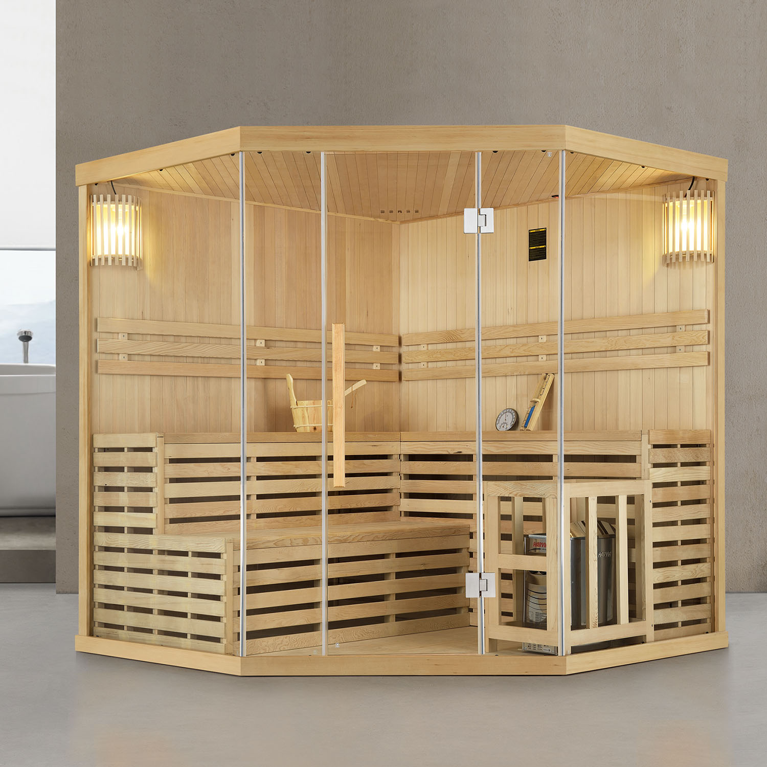 Finnische Sauna Espoo 200 x 200 Premium, mit Glasfront, inklusive Sauna-Ofen und Zubehör Finnische Sauna Espoo 200 x 200 Premium, mit Glasfront, inklusive Sauna-Ofen und Zubehör
