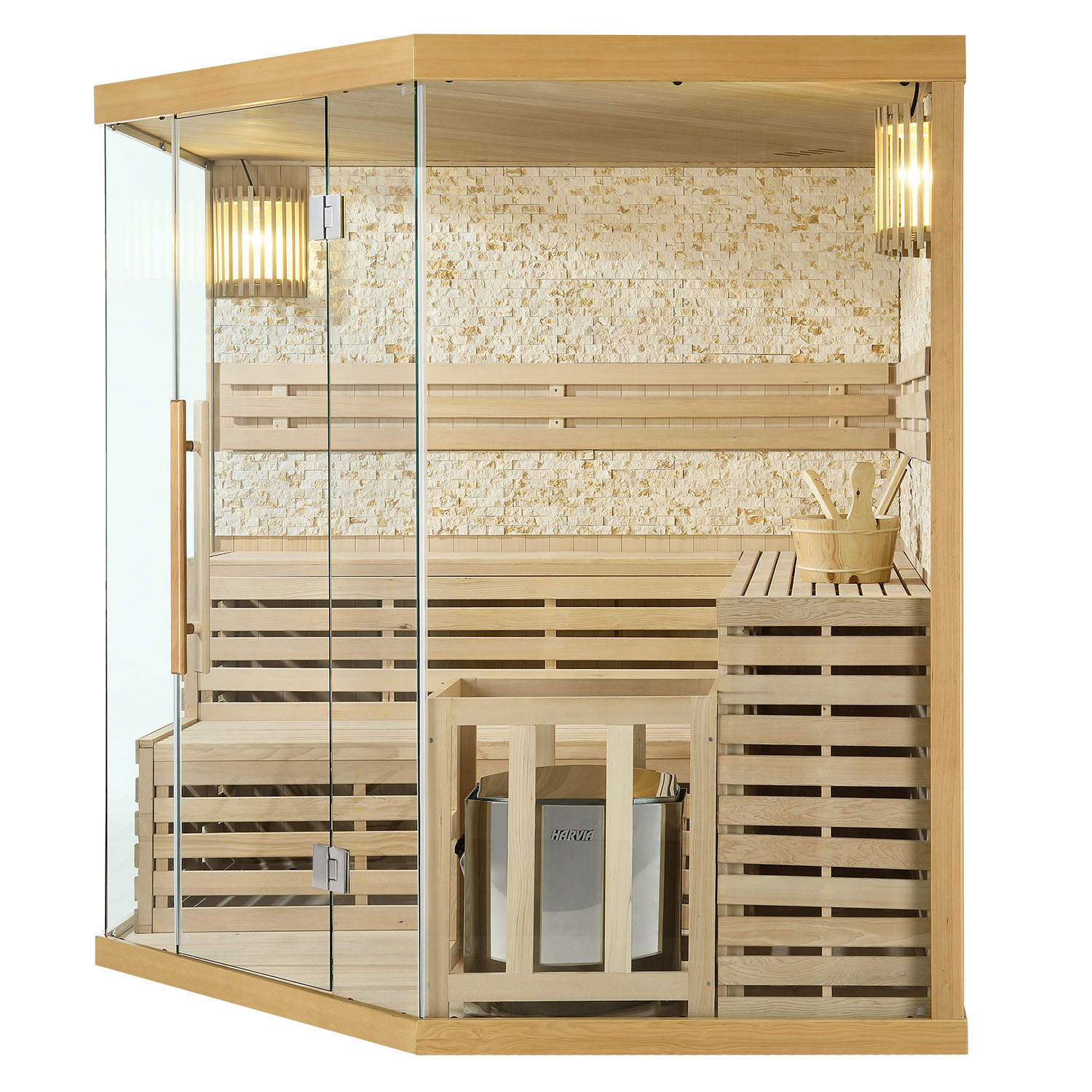 Finnische Sauna Espoo 200 Premium Naturstein, mit Glasfront und 8 kW Saunaofen Finnische Sauna Espoo 200 Premium Naturstein, mit Glasfront und 8 kW Saunaofen