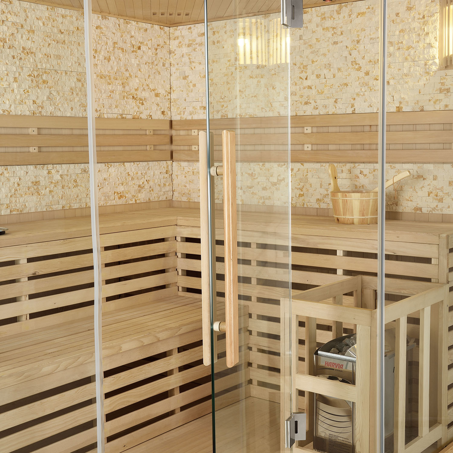 Finnische Sauna Espoo 200 Premium Naturstein, mit Glasfront und 8 kW Saunaofen