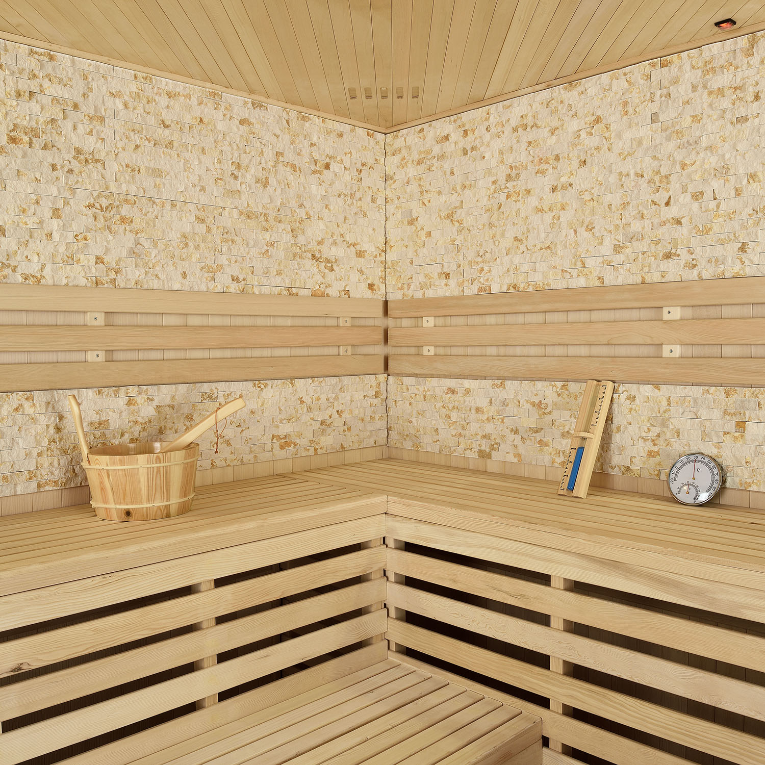 Finnische Sauna Espoo 200 Premium Naturstein, mit Glasfront und 8 kW Saunaofen Finnische Sauna Espoo 200 Premium Naturstein, mit Glasfront und 8 kW Saunaofen