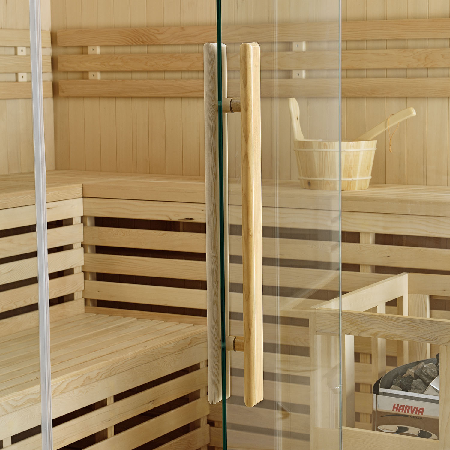 Finnische Sauna Espoo 200 x 200 Premium, mit Glasfront, inklusive Sauna-Ofen und Zubehör