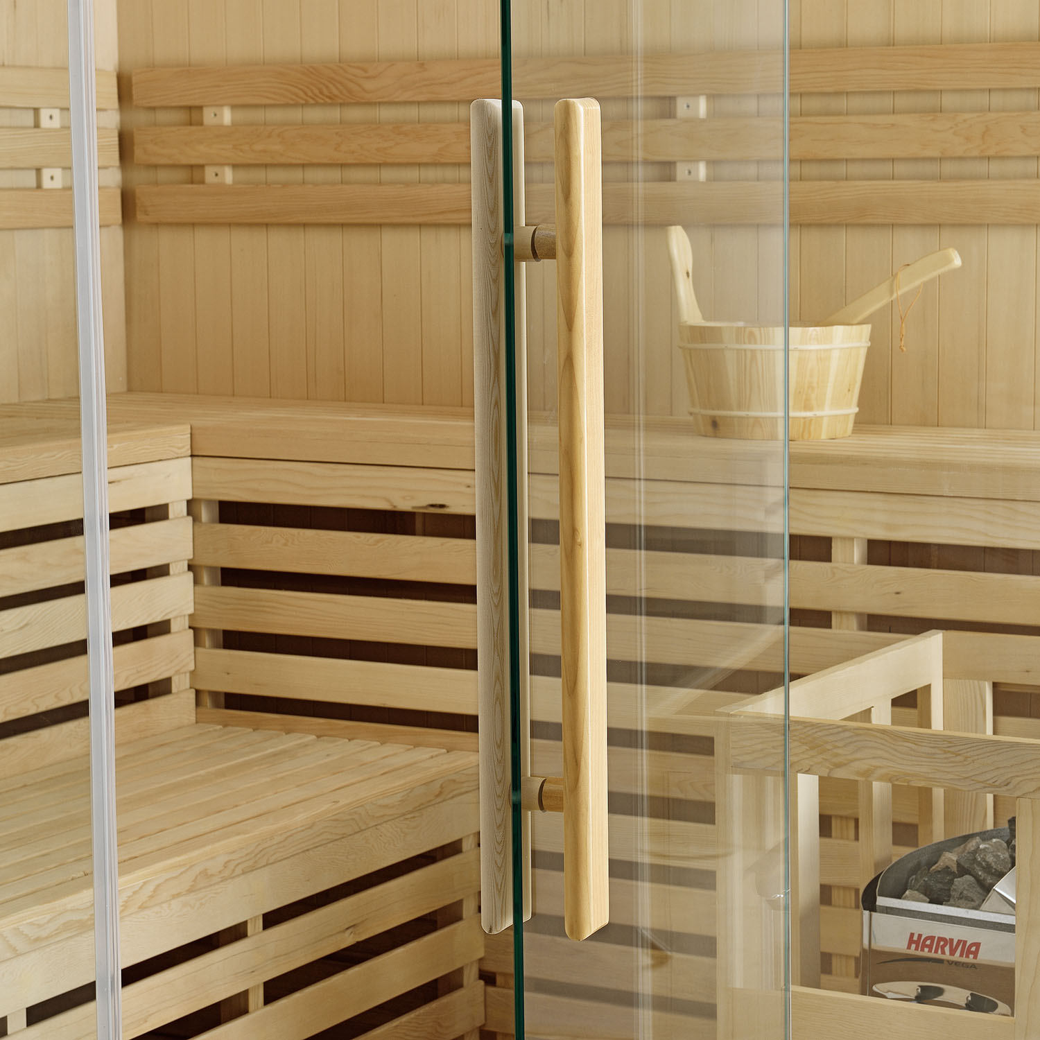 Finnische Sauna Espoo 200 x 200 Premium, mit Glasfront, inklusive Sauna-Ofen und Zubehör Finnische Sauna Espoo 200 x 200 Premium, mit Glasfront, inklusive Sauna-Ofen und Zubehör