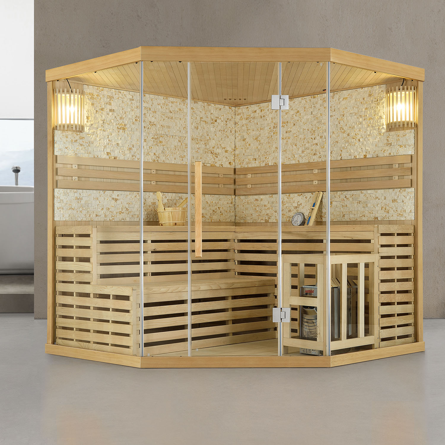 Finnische Sauna Espoo 200 Premium Naturstein, mit Glasfront und 8 kW Saunaofen Finnische Sauna Espoo 200 Premium Naturstein, mit Glasfront und 8 kW Saunaofen