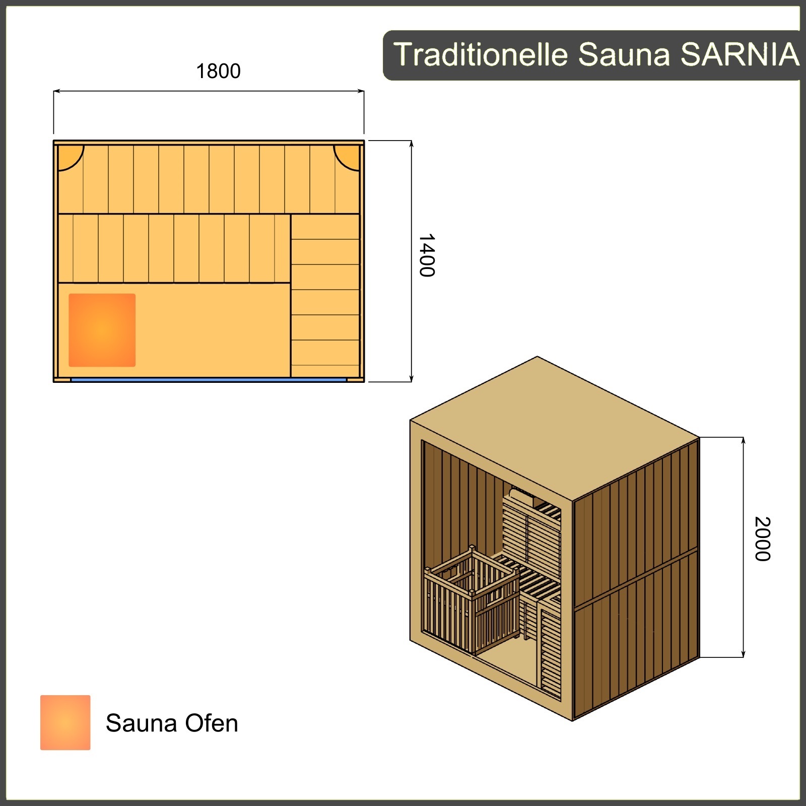Finnische Sauna Sarnia inkl. 6 kW Ofen aus Hemlockholz mit Glasfront / 180 x 140
