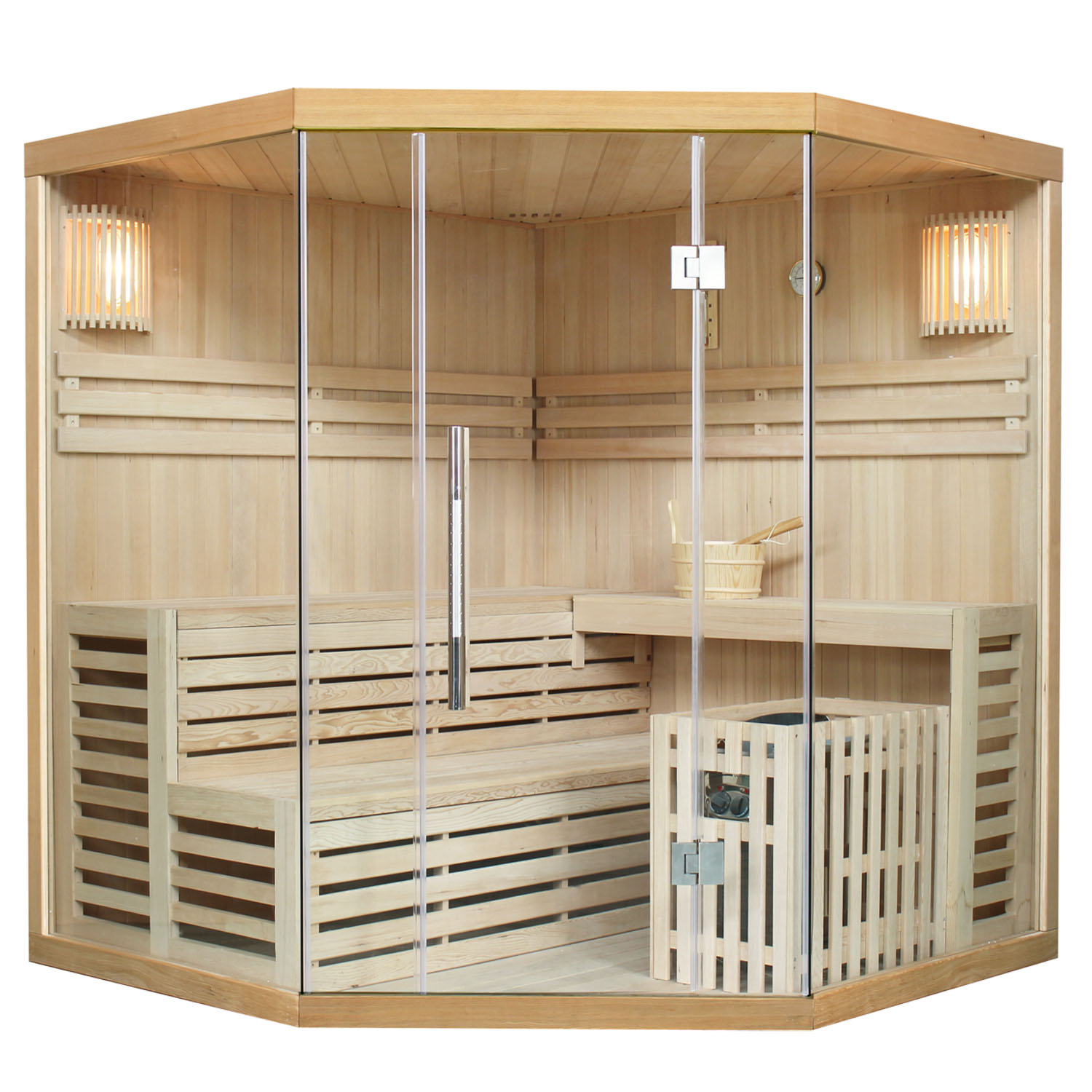 Finnische Sauna Espoo 180, inkl. 8 kW Saunaofen, aus Hemlockholz für 4 Personen