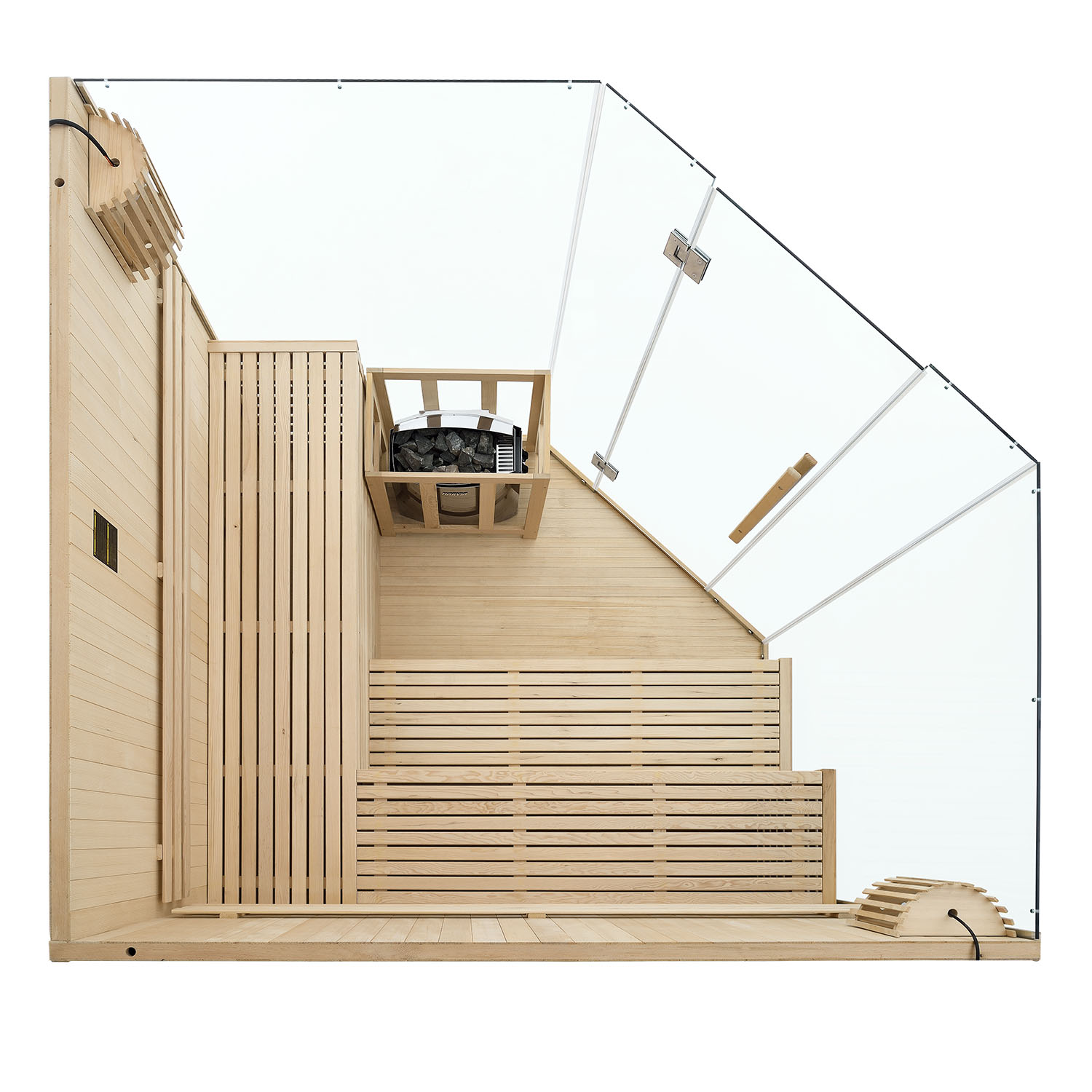 Finnische Sauna Espoo 200 x 200 Premium, mit Glasfront, inklusive Sauna-Ofen und Zubehör Finnische Sauna Espoo 200 x 200 Premium, mit Glasfront, inklusive Sauna-Ofen und Zubehör