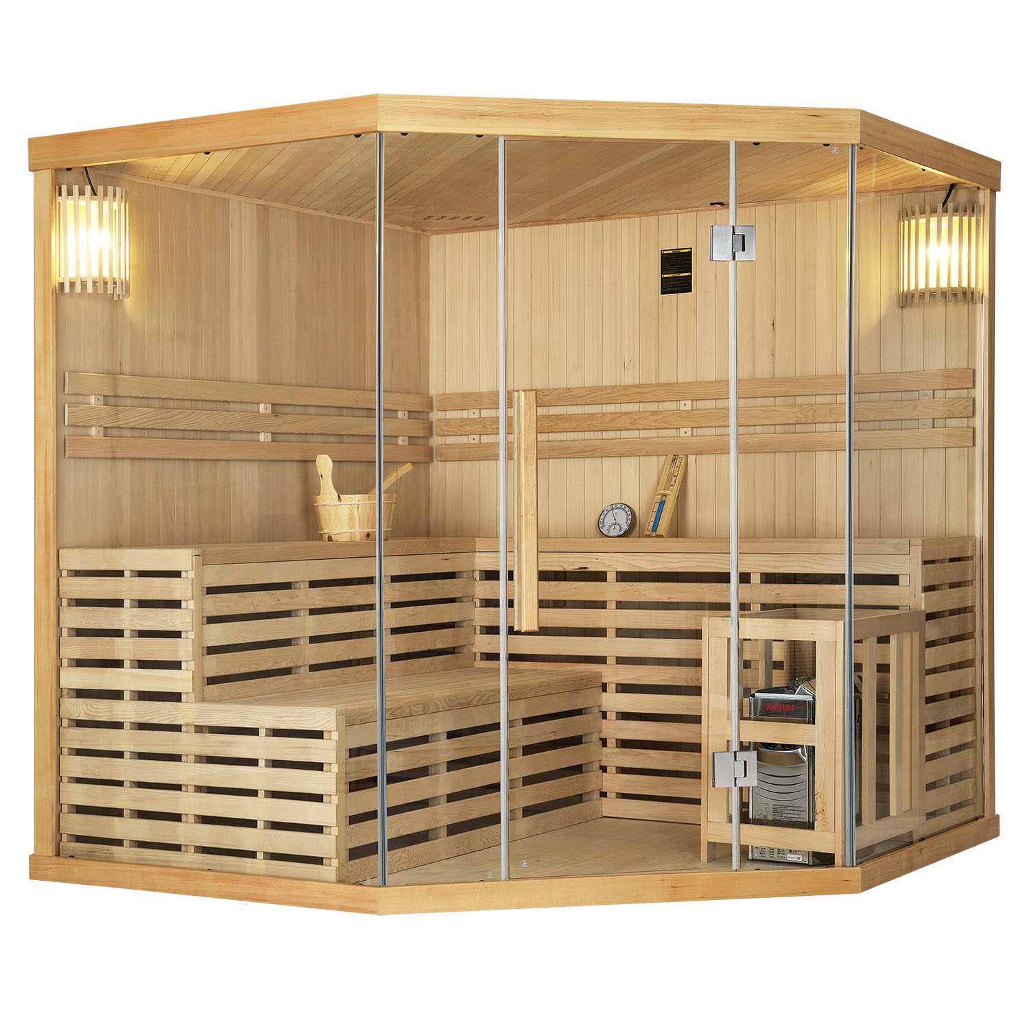 Finnische Sauna Espoo 200 x 200 Premium, mit Glasfront, inklusive Sauna-Ofen und Zubehör Finnische Sauna Espoo 200 x 200 Premium, mit Glasfront, inklusive Sauna-Ofen und Zubehör