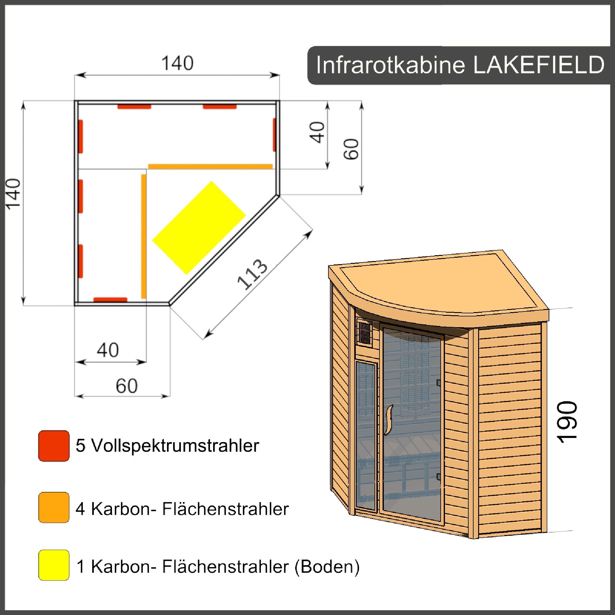 Lakefield140Zeichnung Infrarotkabine Lakefield 140, mit Dual-Strahlersystem, aus Hemlockholz mit zehn Strahlern