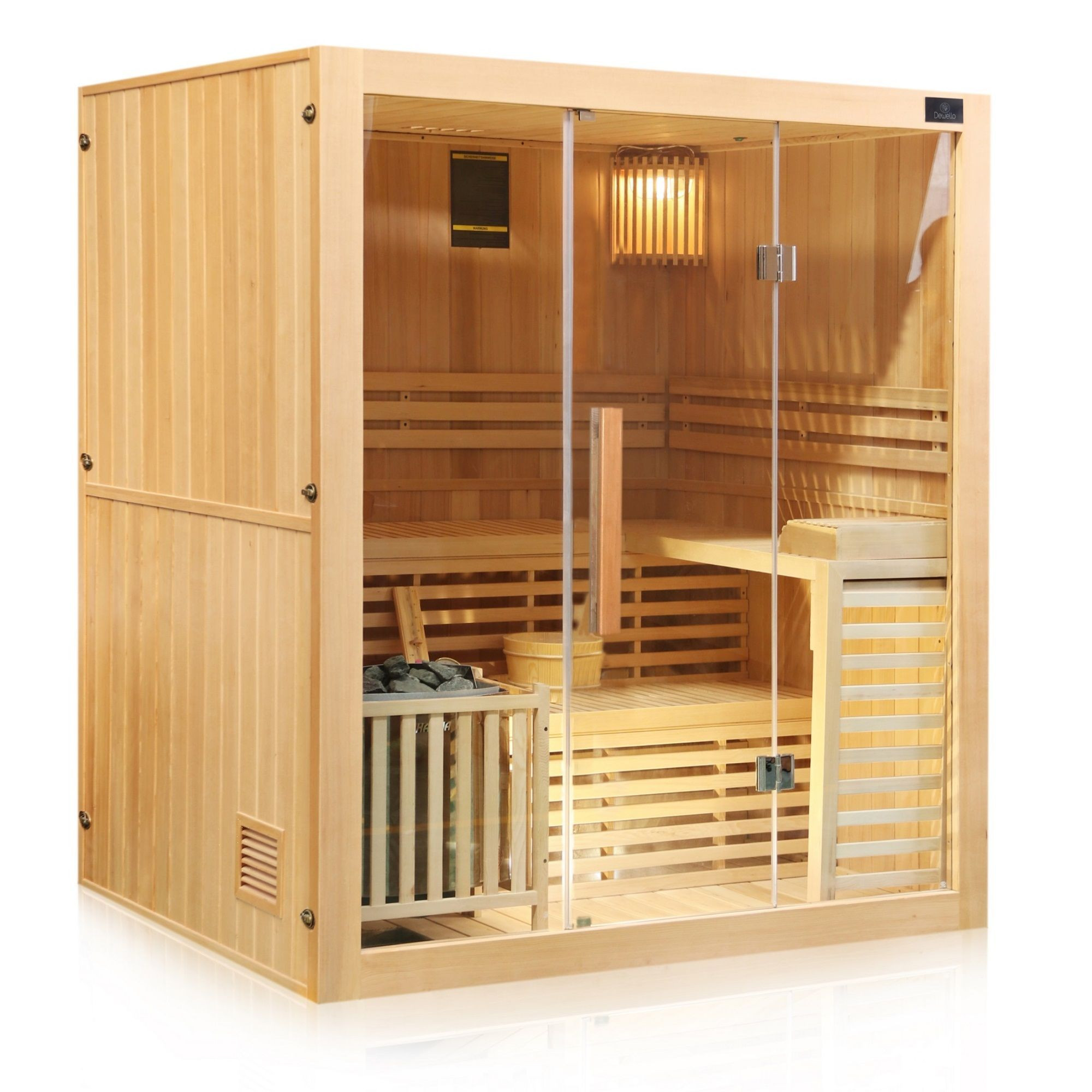 Finnische Sauna Sarnia inkl. 6 kW Ofen aus Hemlockholz mit Glasfront / 180 x 140