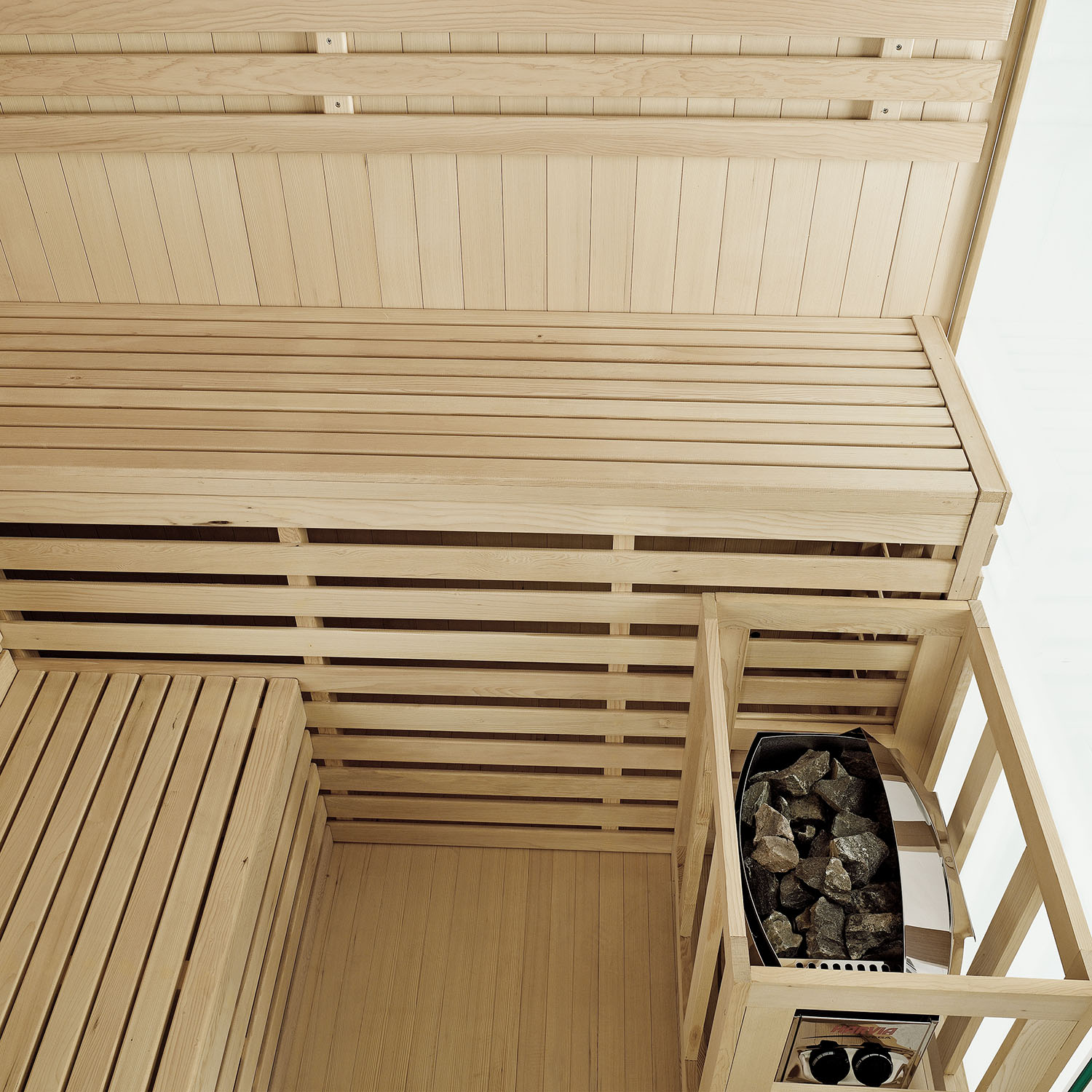 Finnische Sauna Espoo 200 x 200 Premium, mit Glasfront, inklusive Sauna-Ofen und Zubehör Finnische Sauna Espoo 200 x 200 Premium, mit Glasfront, inklusive Sauna-Ofen und Zubehör